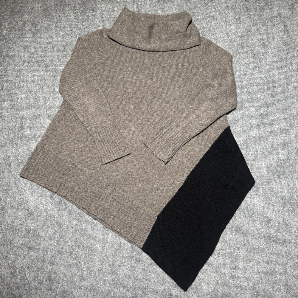 Eileen Fisher Merino Wool Blend Brown Black Asymmetrical‎ Turtleneck Sweater M